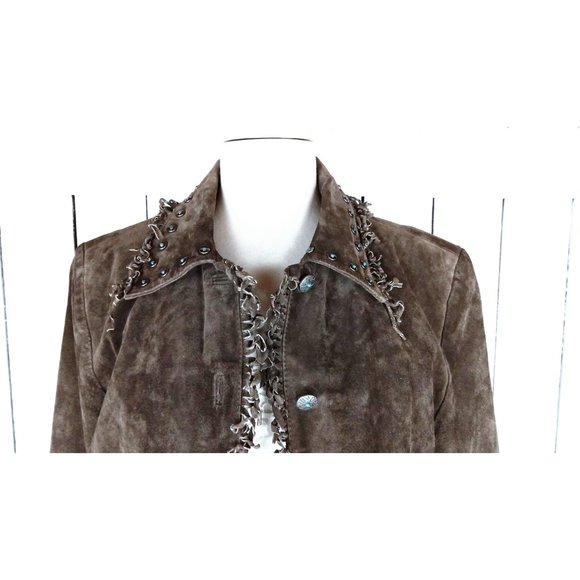 Vintage 90s brown suede leather beaded fringe country western boho jacket - Picture 5 of 8